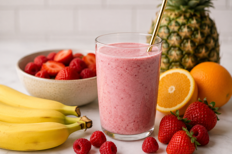 Pink orange-banana-berry smoothie surrounded by ingredients
