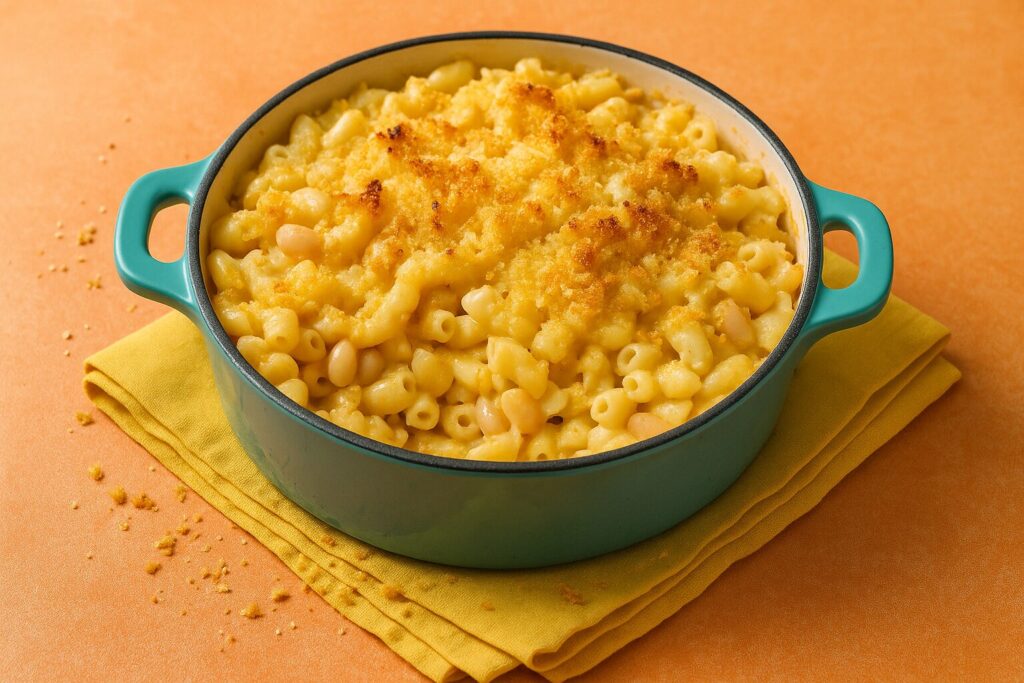 Mac and cheese with white beans in a turquoise pot on an orange background