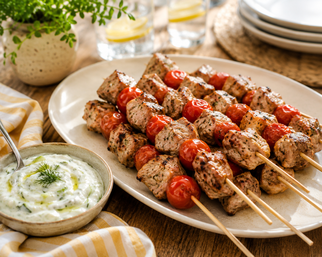 Souvlaki pork kebabs on a white serving platter with a side of tzatziki