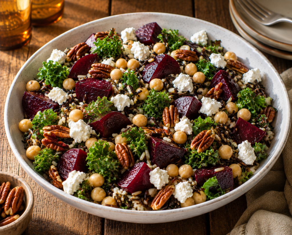 Roasted beet, wild rice and goat cheese salad in a large white bowl