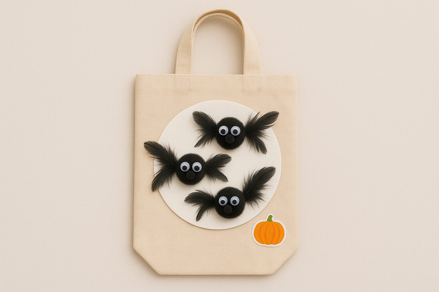 Cream-coloured batty bag Halloween craft with pumpkin sticker