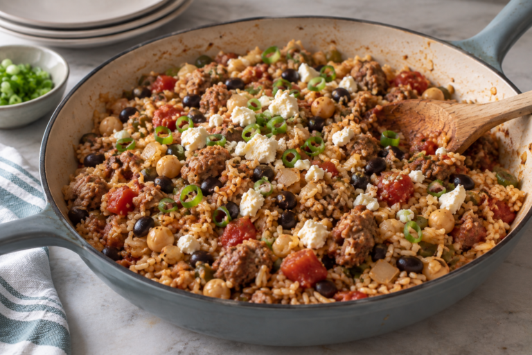 Rice-and-sausage skillet, in a frying pan with a wooden spoon for serving