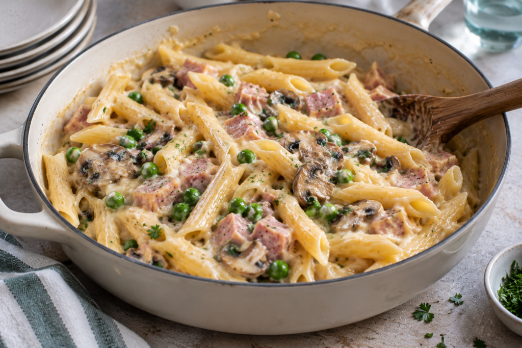 Ham, mushrooms and peas penne in a white bowl with a spoon inserted