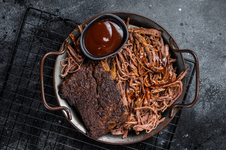 Pulled beef or pork on a cast-iron pan