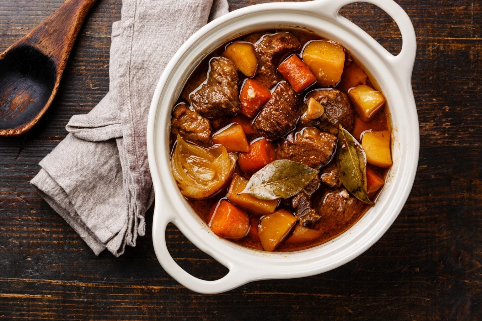 pot of beef stew in a bowl