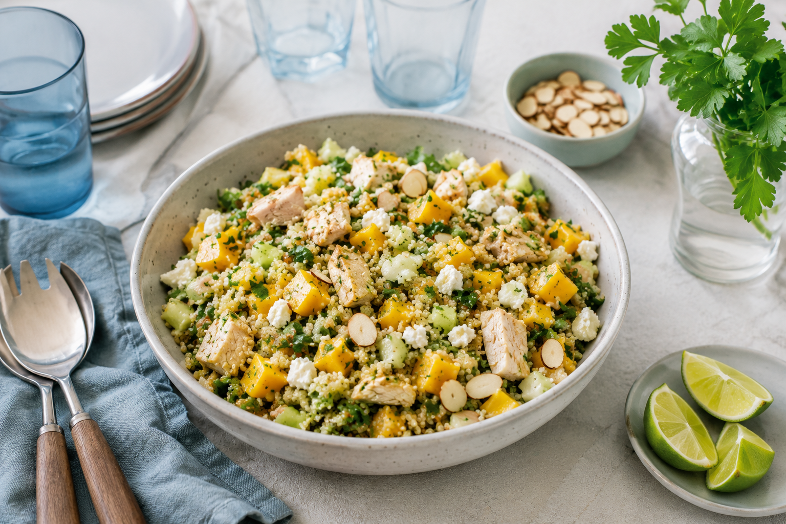 Quinoa salad with roasted chicken and mango, in a white bowl