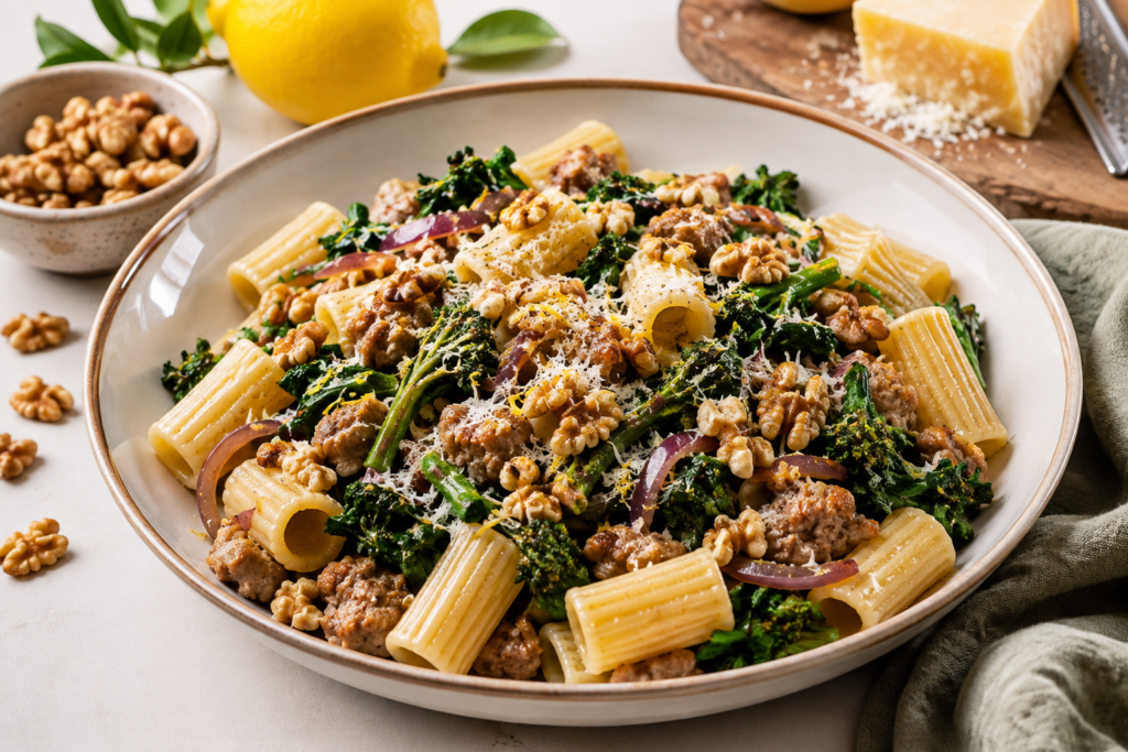 Sausage, walnut and rapini pasta in a white bowl