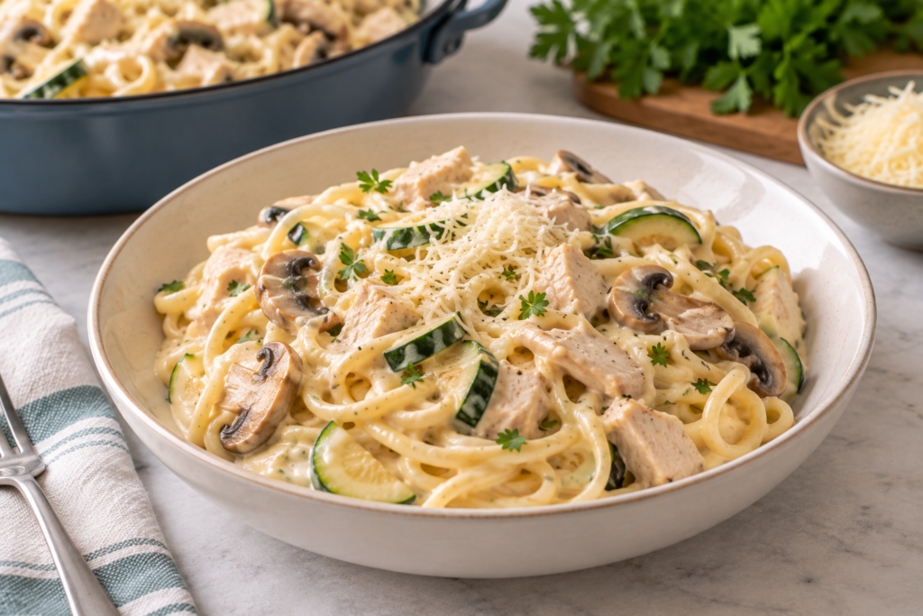 Turkey tetrazzini served in a large white bowl