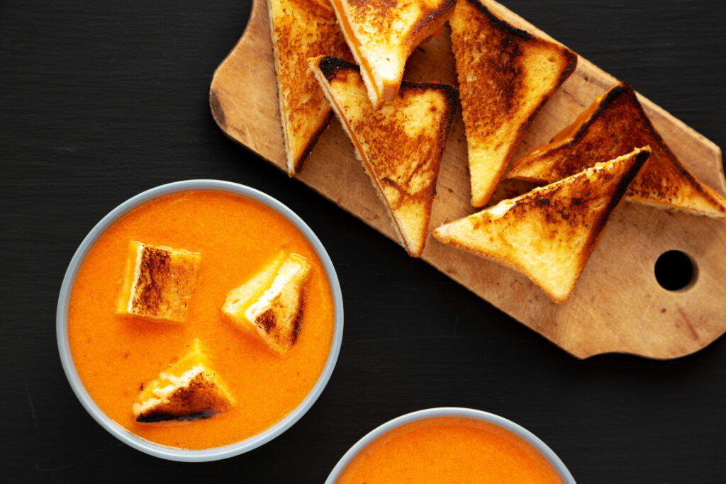 Roasted tomato soup with grilled cheese croutons