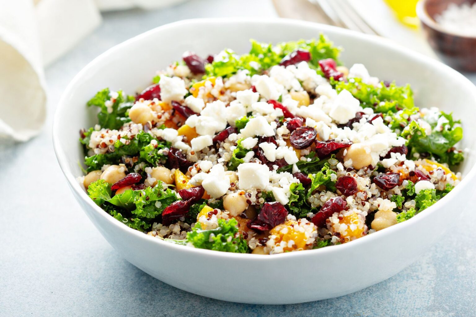 Bowl of Quinoa Salad with Chickpeas, Apples and Feta