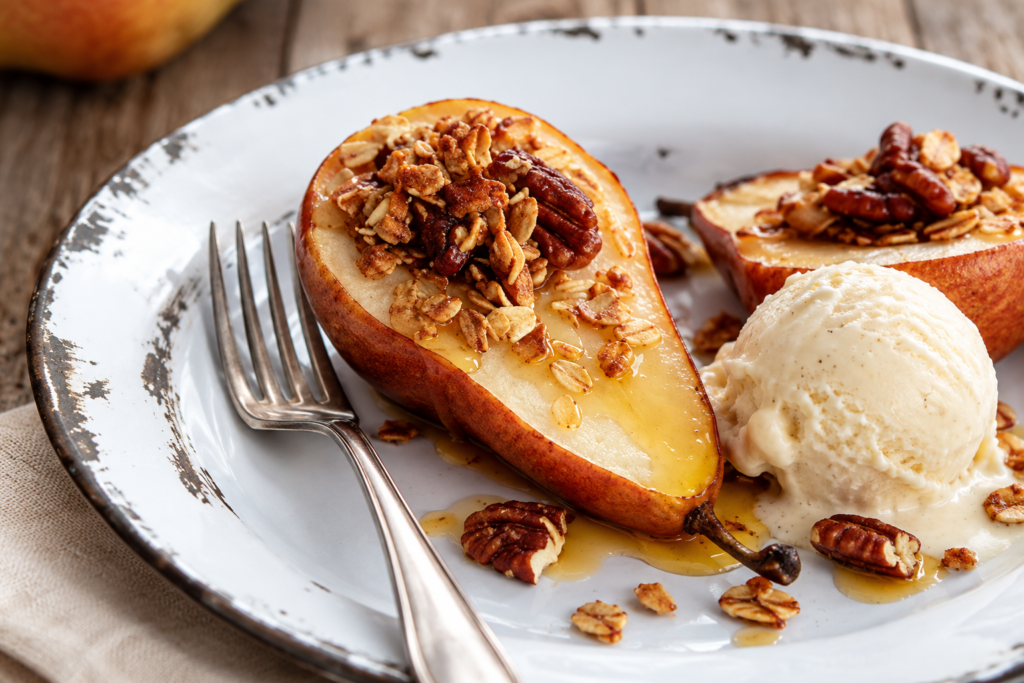 Maple-roasted pears with granola, served on a white plate with a scoop of vanilla ice cream