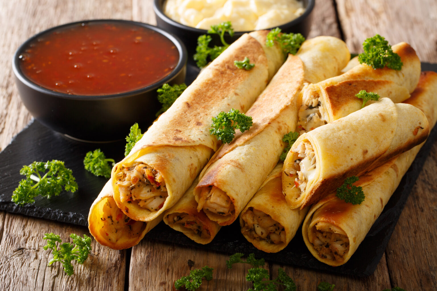Chicken and cheese taquitos piled beside a dish of dipping sauce