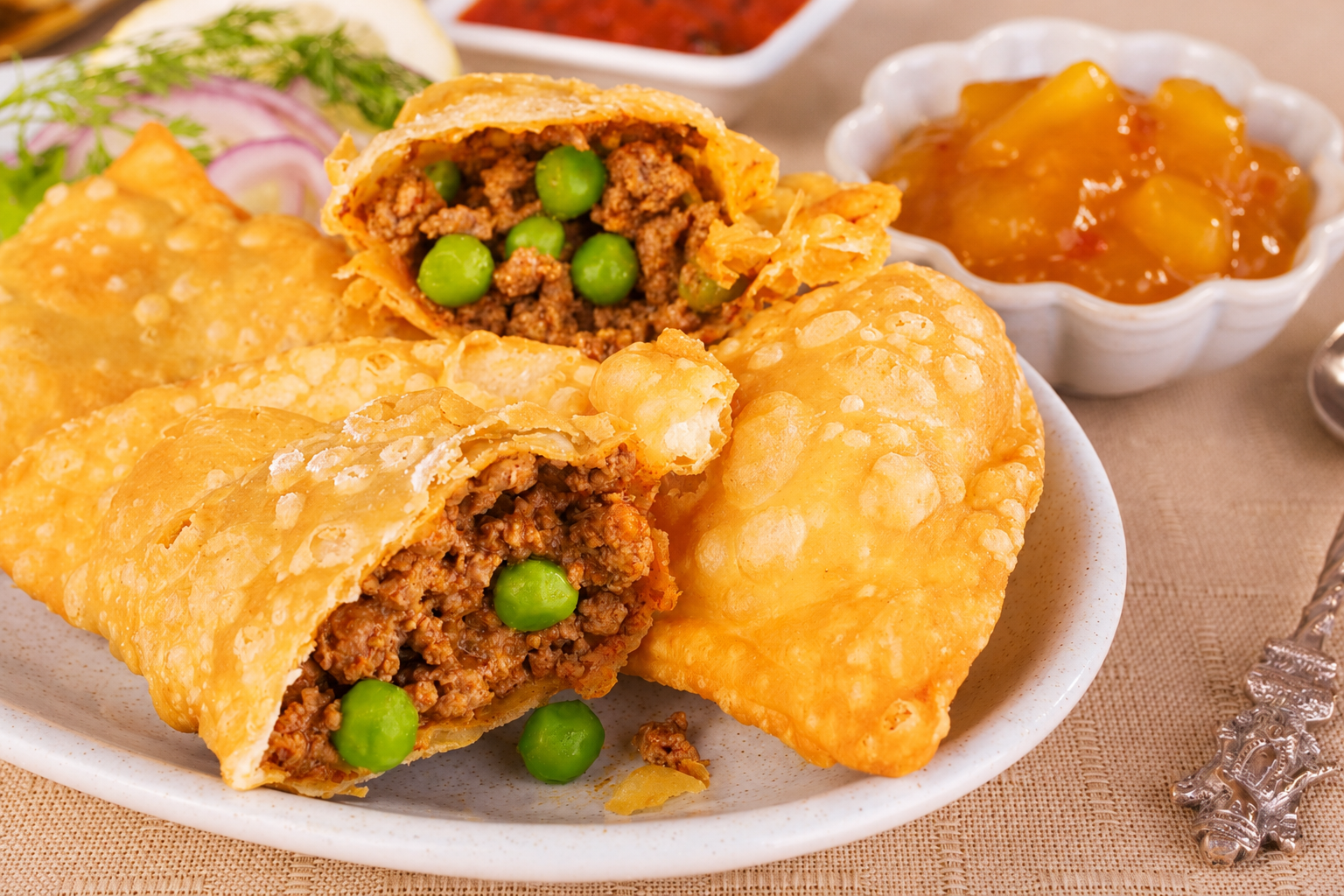 Interior shot of beef samosas with peas on a white plate with mango chutney on the side