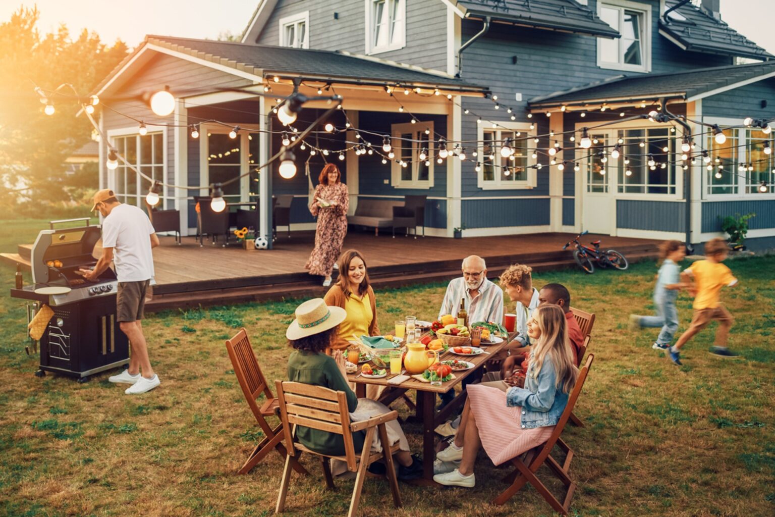 a group of people sitting around a table outside there is a bbq