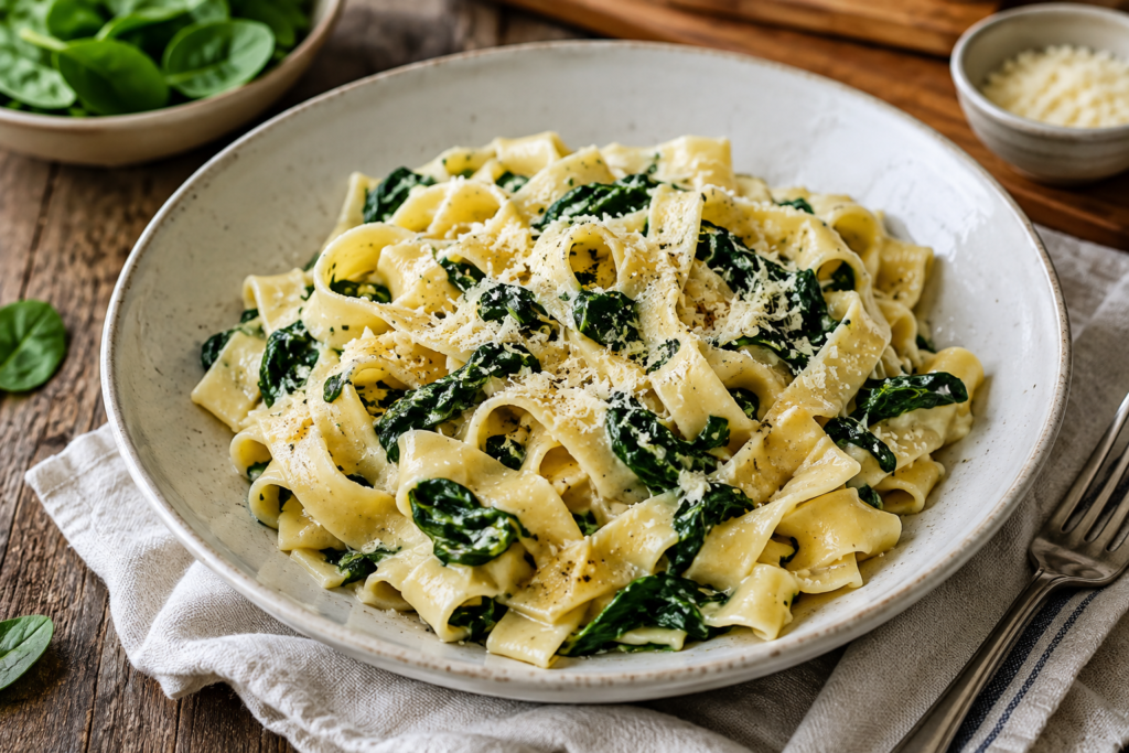 Spinach and ricotta pappardelle in a white bowl, sitting on top of a napkin.