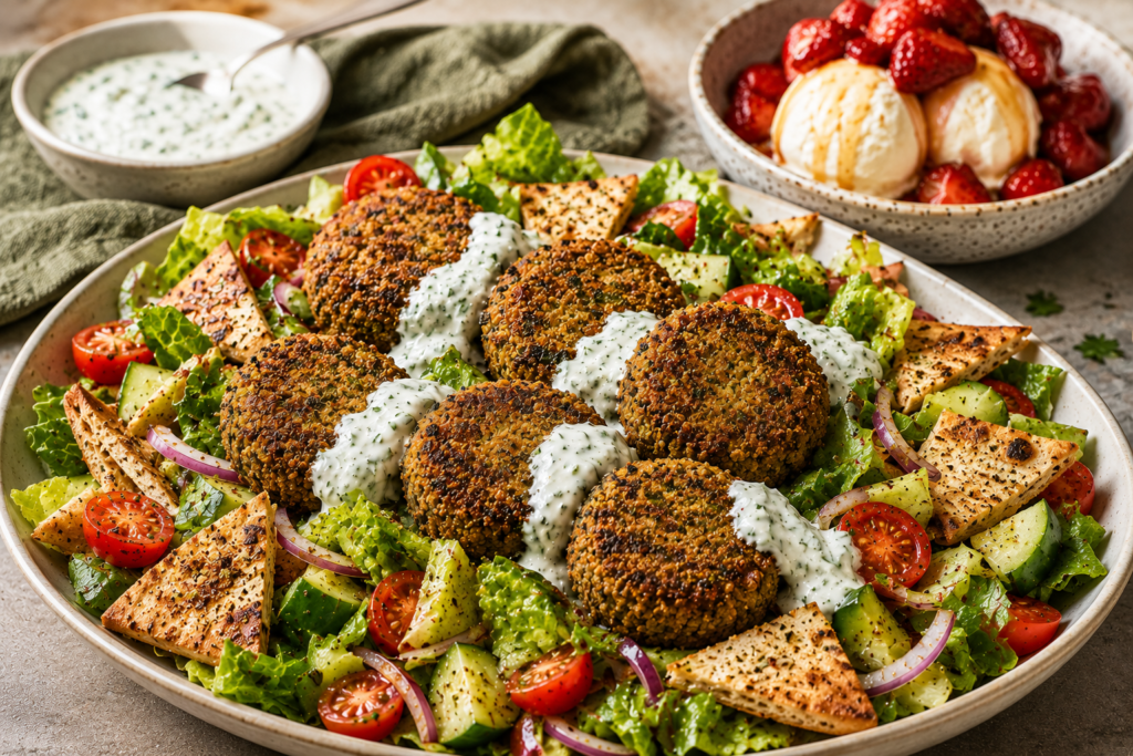 Fattoush salad with falafel and honey-roasted strawberries over ice cream