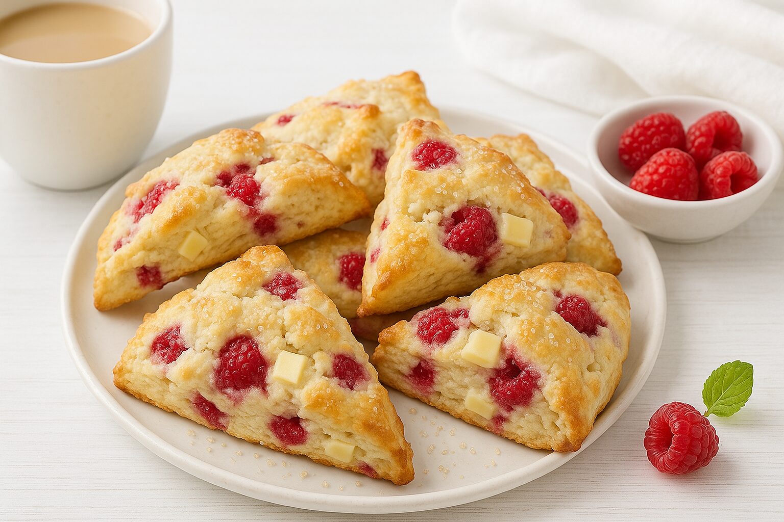Raspberry and white chocolate scones resting on a plate beside a cut of coffee