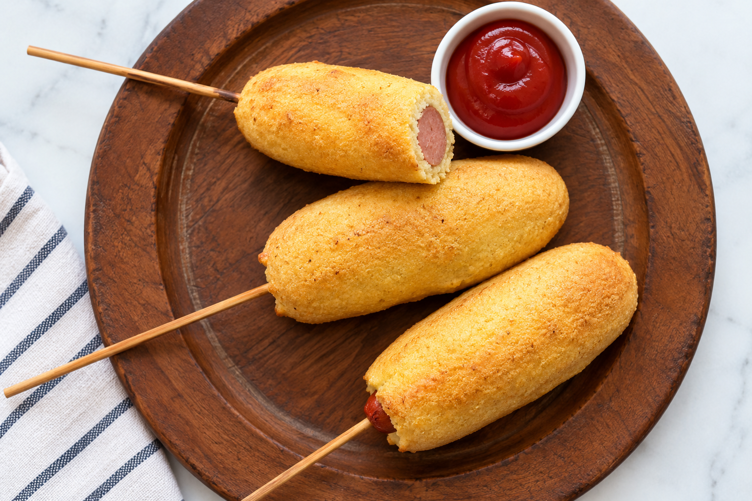 Baked corn dogs served on a wooden plate with ketchup for dipping