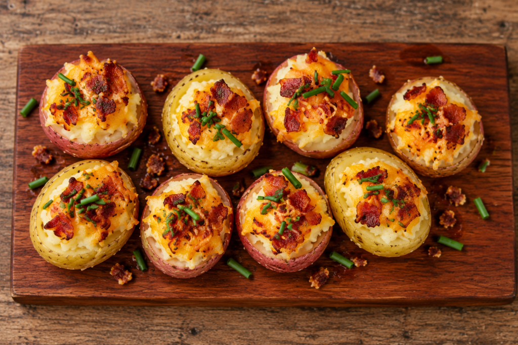 Twice-baked stuffed baby potatoes on a cutting board, sprinkled with chives