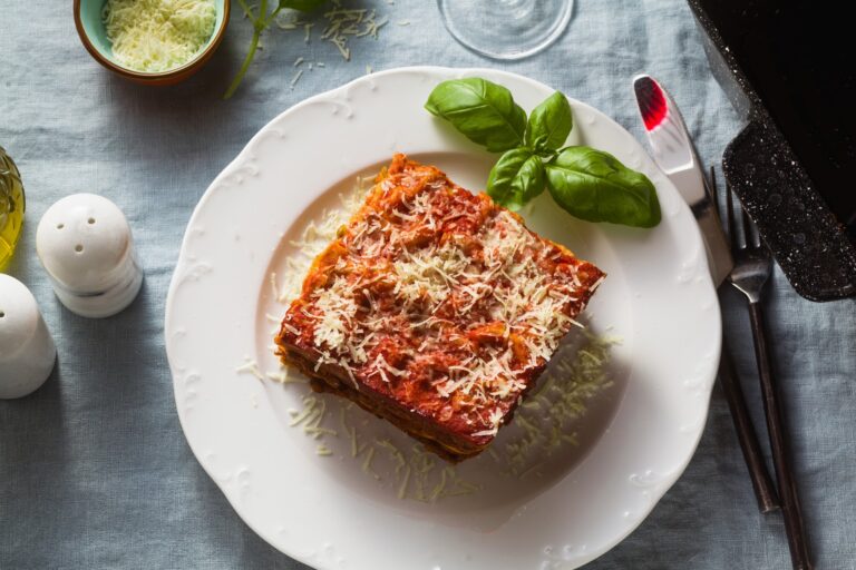 A plate with a nice slice of vegetarian lasagna