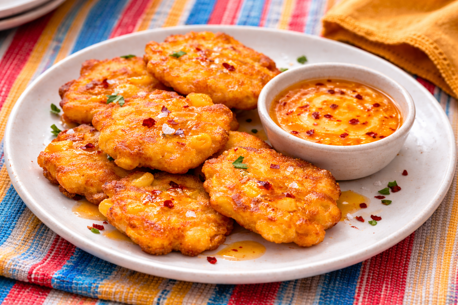 Corn fritters with chili-honey butter on a white plate
