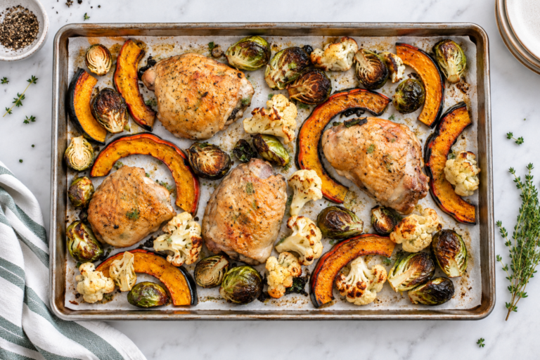Sheet pan roasted chicken thighs and vegetables on a rimmed baking sheet