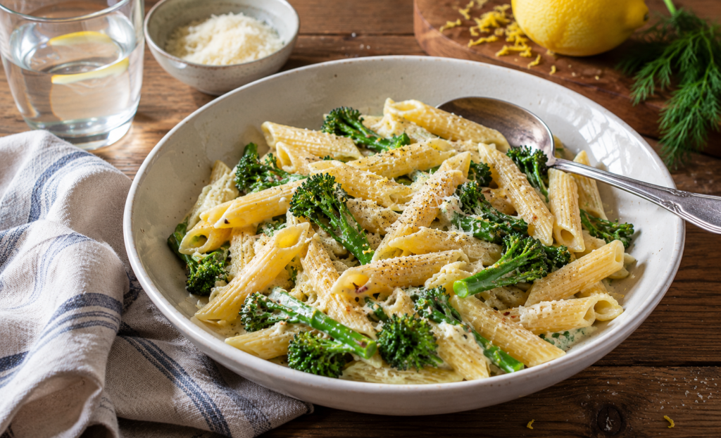 Creamy ricotta pasta with broccolini in a white bowl