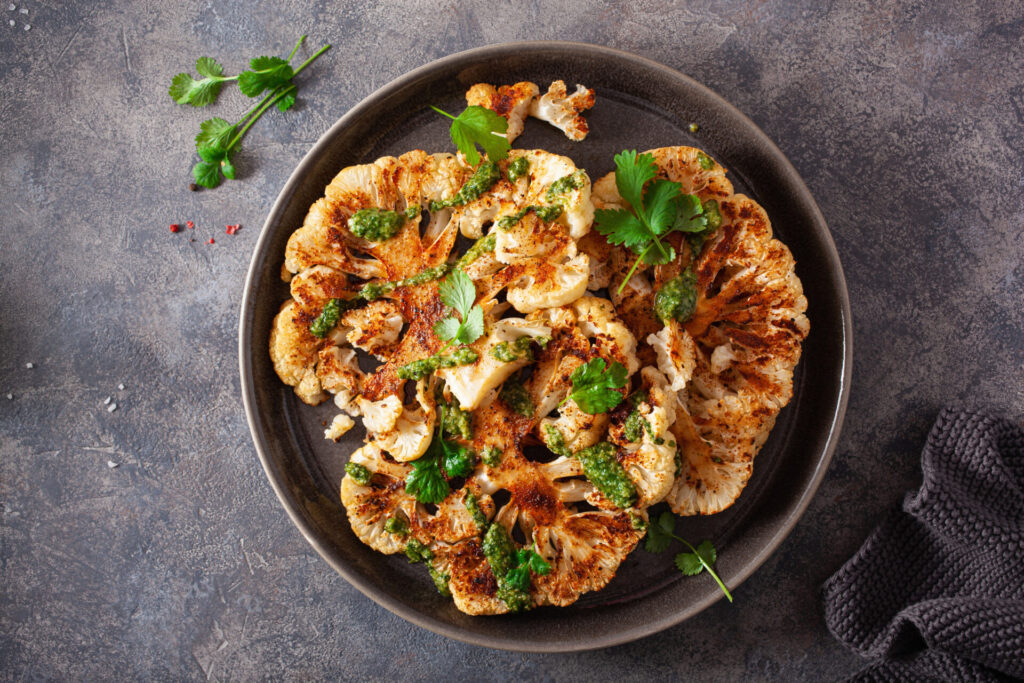 Roasted cauliflower with charred lemon-herb pesto