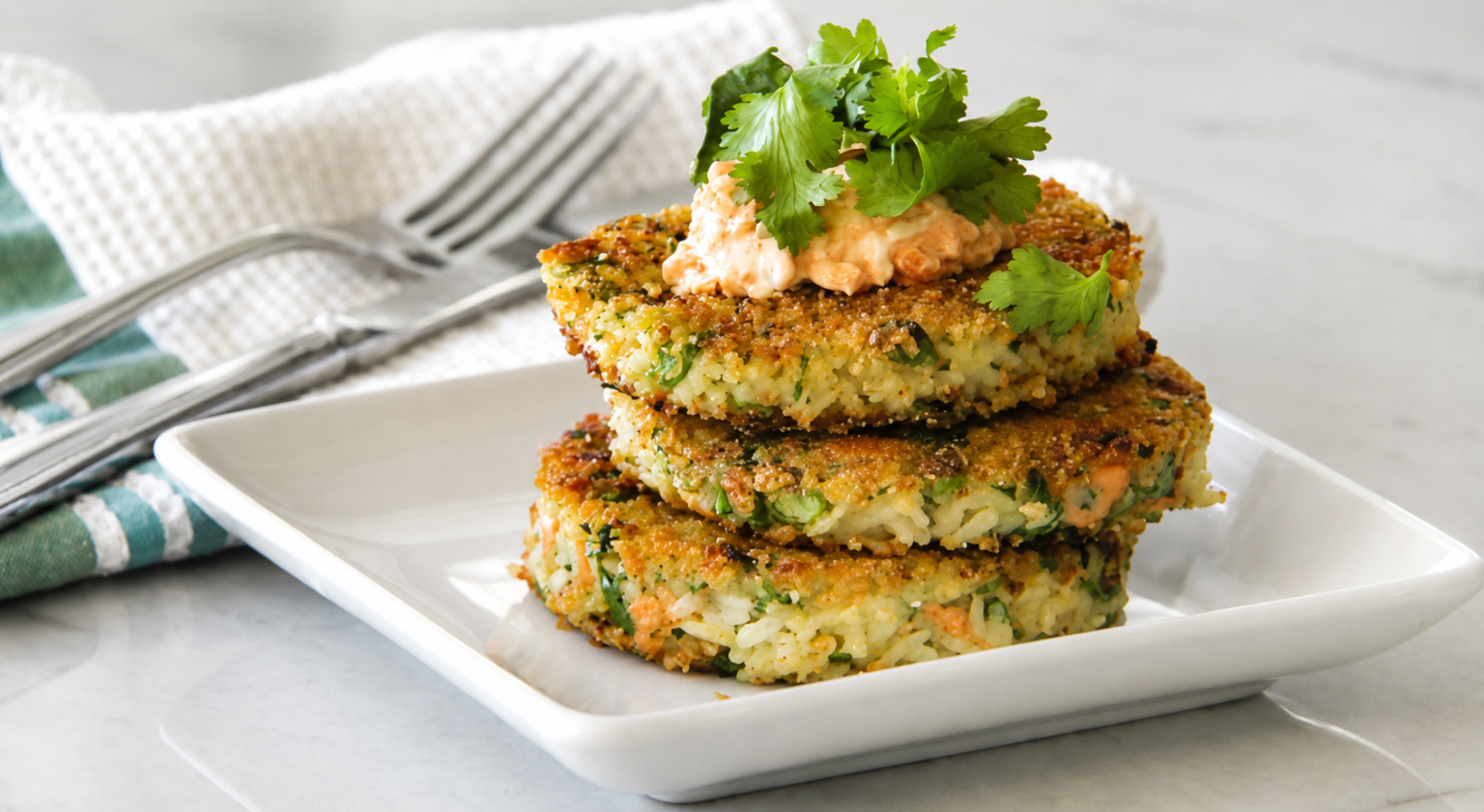 Salmon rice cakes on a square white plate, with utensils in the background