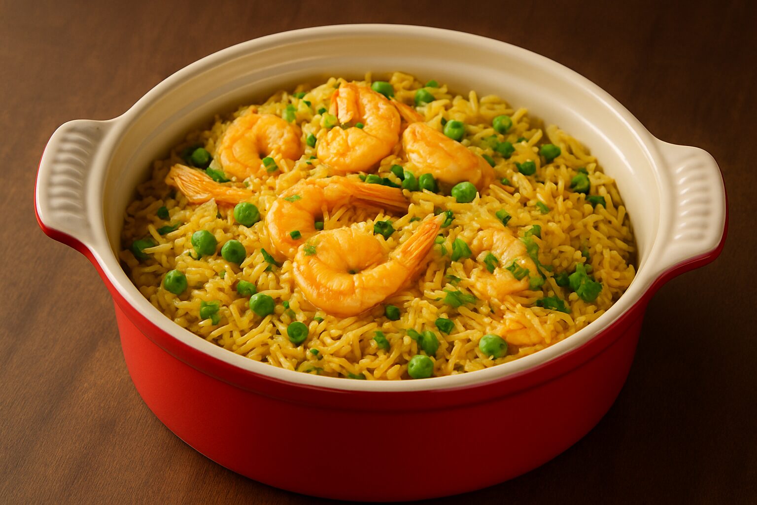 Orzo with shrimp and peas in red baking dish