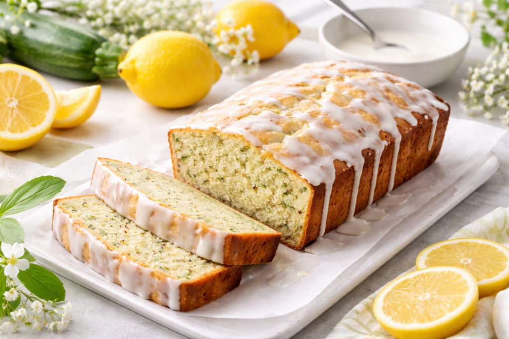 Lemon-zucchini loaf with lemon glaze resting on a square, white platter