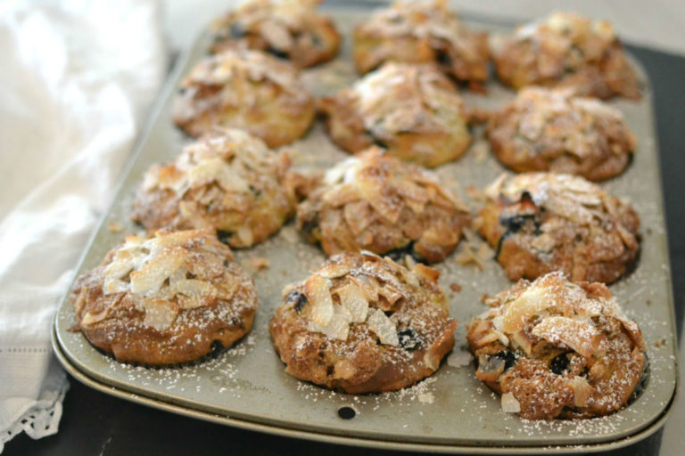 tray of blueberry coconut muffins