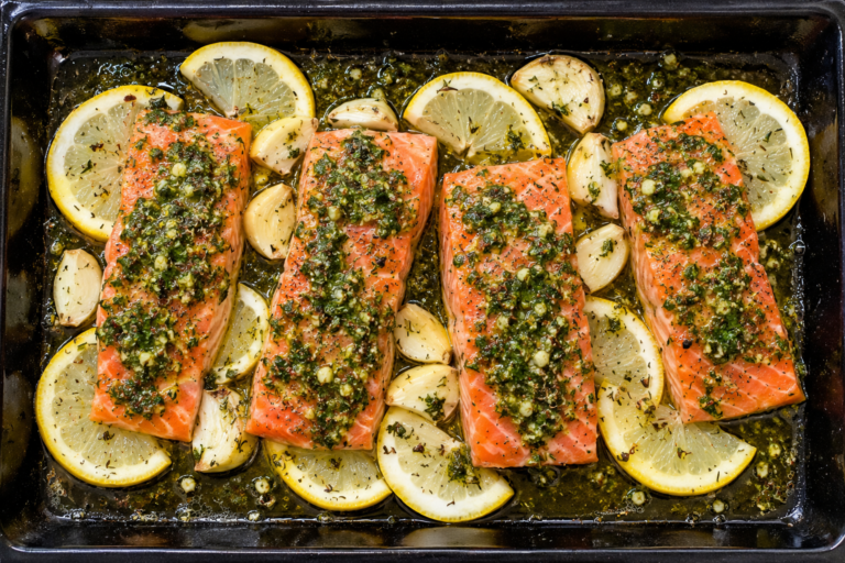 Roasted fish with pesto and lemon, ready for the oven