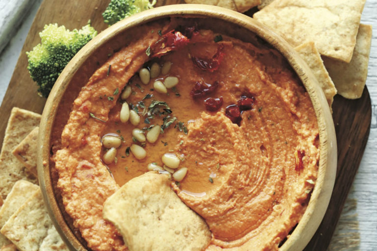 sundried hummus with pita and broccoli