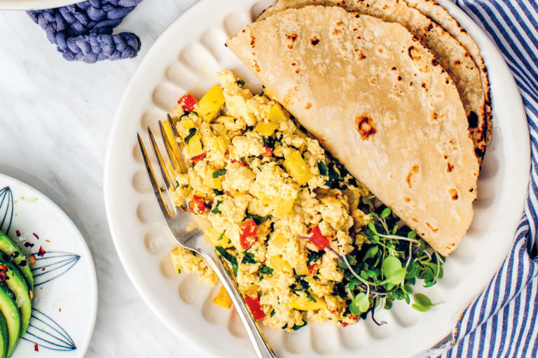 tofu scramble with squash, tortilla and avocado slices