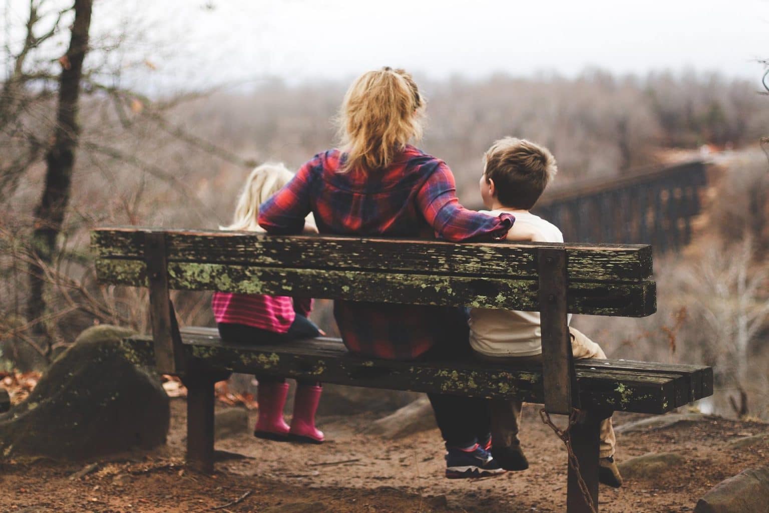 woman and children on a bench, shot from behind to show them sitting and talking or observing the scenery