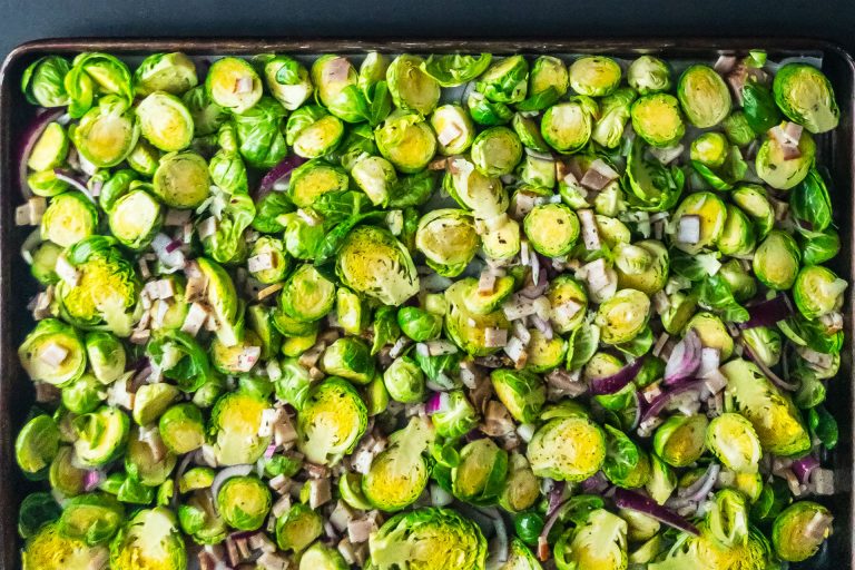 tray of brussels sprouts with onion