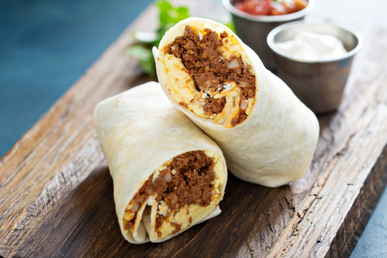 breakfast burrito cut in half