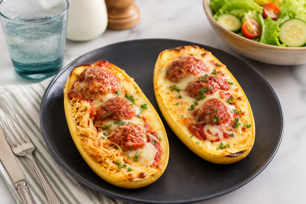 Spaghetti squash with meatballs on a black plate, with salad on the side