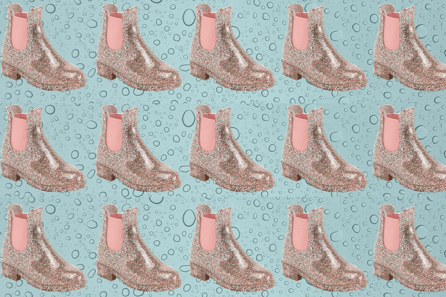 glittery rain boot on a rain drop background