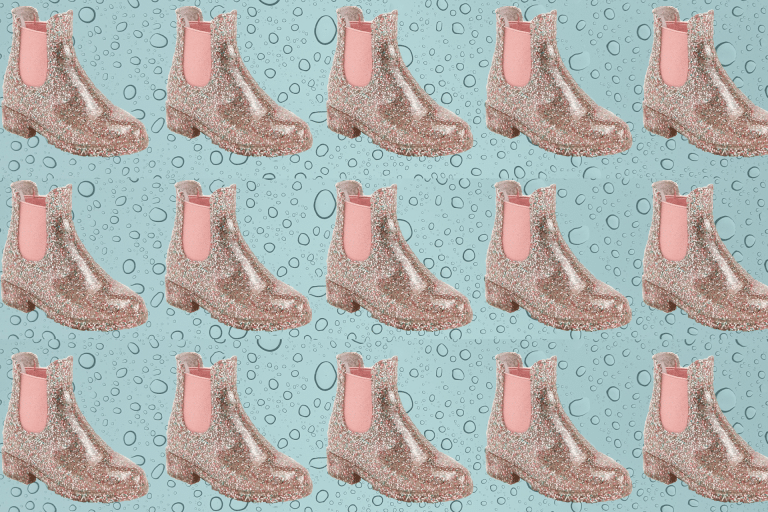 glittery rain boot on a rain drop background