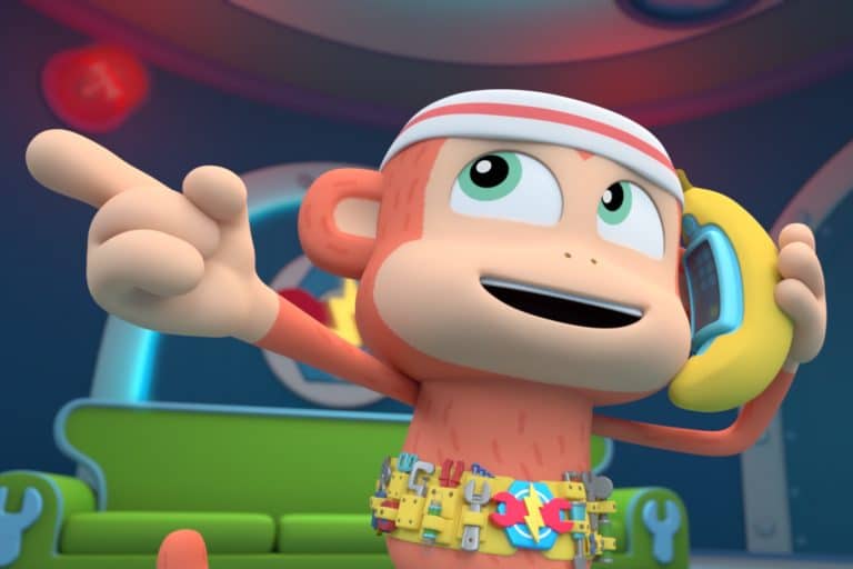 cartoon monkey wearing a tool belt and talking on a banana phone