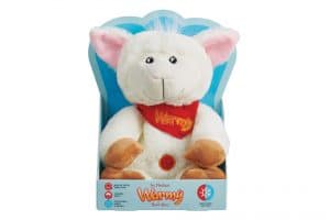 white lamb stuffed toy in blue retail box