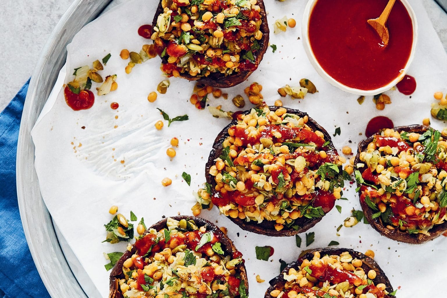 plate of portobello mushrooms filled with lentils