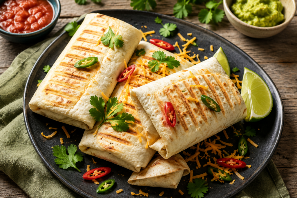 Crispy black bean burritos on a dark plate with garnishes