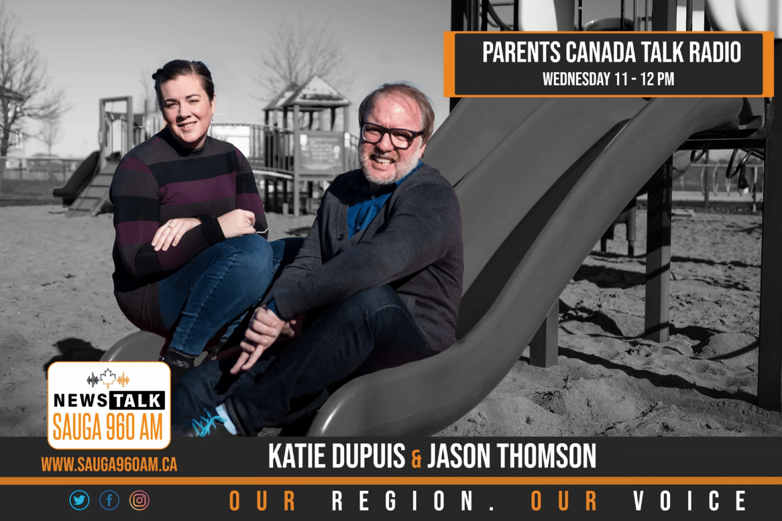 radio hosts katie and jason on a slide in a park