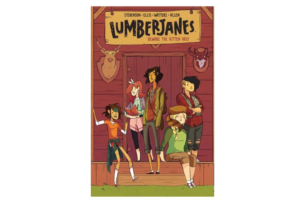 book cover depicting comic-style illustration with a group of female friends outside of a barn