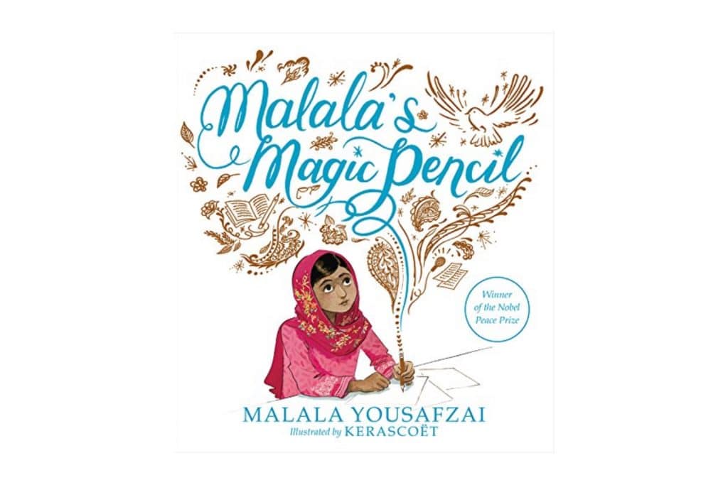 book cover illustration of a little girl writing and her words floating up into illustrations