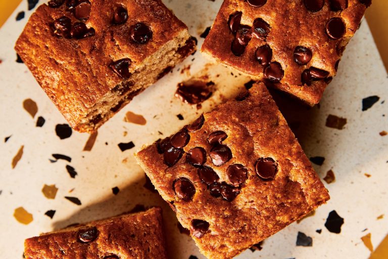 squares of banana chocolate chip cake on a plate