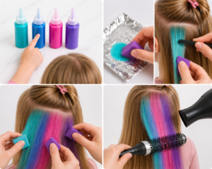 Step-by-step unicorn hair chalk tutorial, illustrated in 4 images